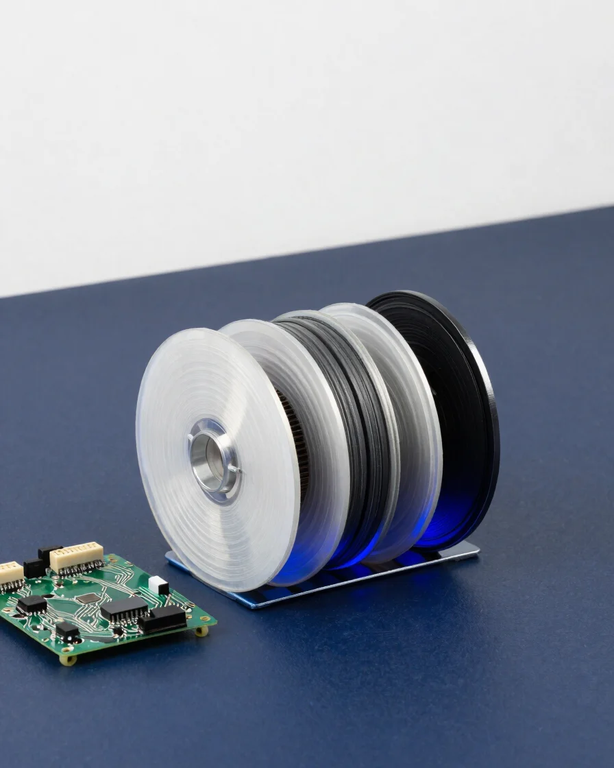 Clean editorial photograph of an orderly component reel and circu