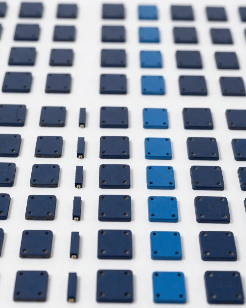 Clean macro studio photograph of orderly electronic components laid out on a white surface, crisp controlled lighting, n