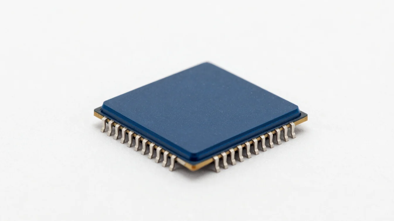 Clean editorial macro product photograph of a semiconductor micro