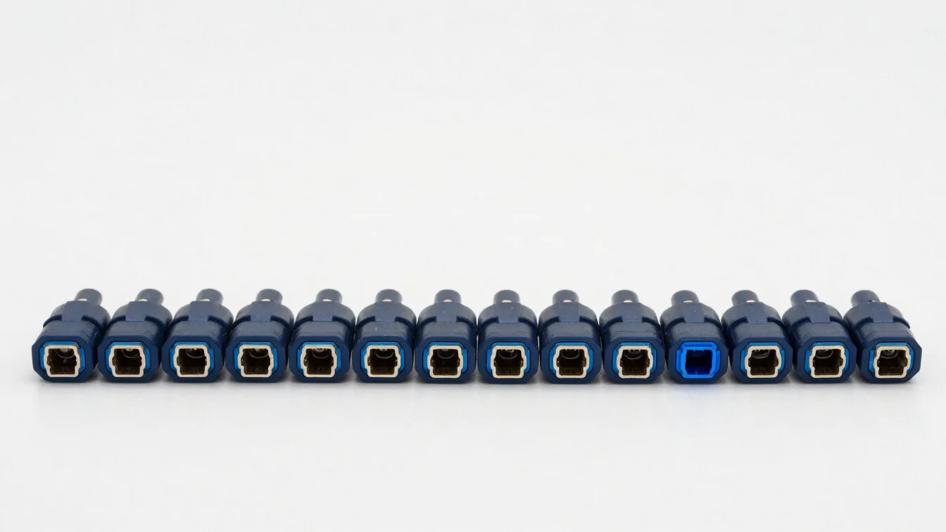 Clean editorial macro product photograph of electronic connectors