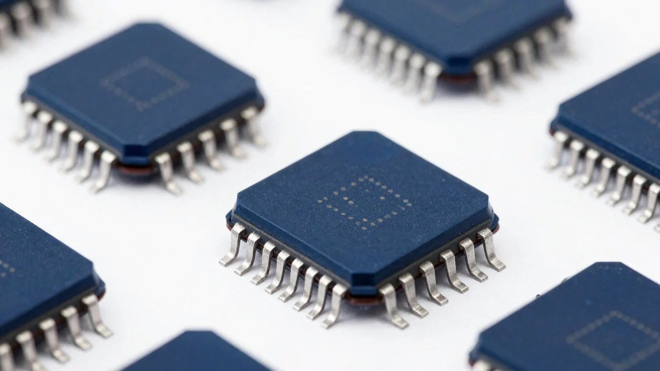 Clean macro studio photograph of integrated circuit chips on a wh