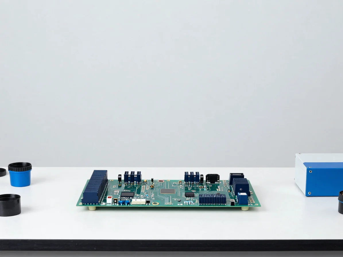 Wide technical environment of a clean engineering workbench with a populated circuit board under soft studio light, navy