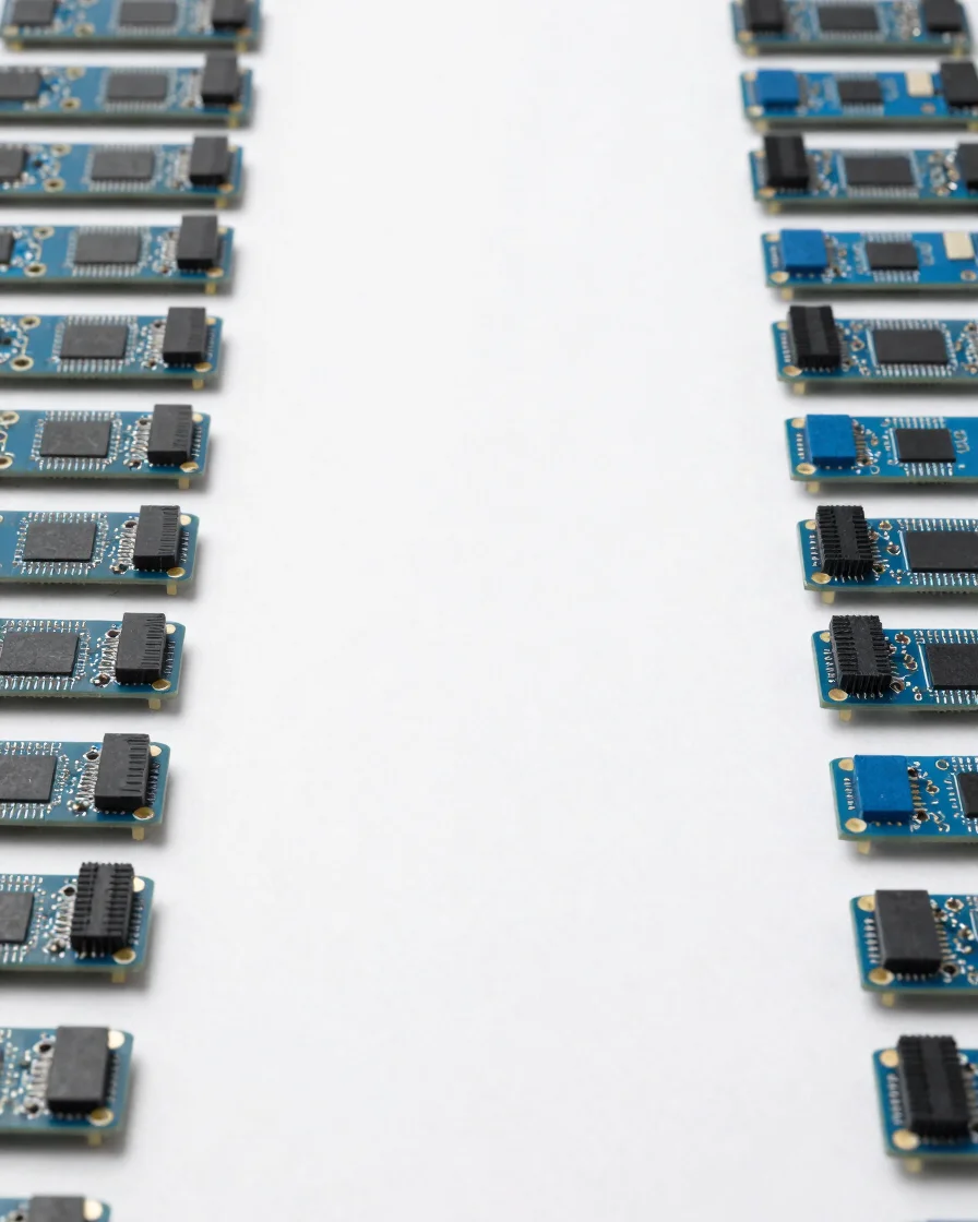 Clean macro studio photograph of orderly electronic components laid out on a white surface under crisp controlled light,