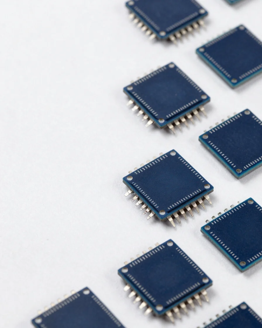 Macro studio photograph of integrated circuits and connectors on